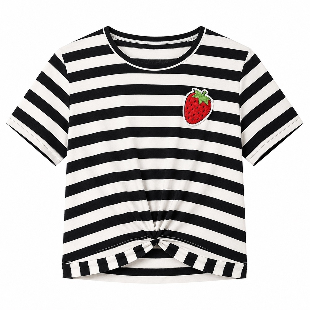 Girls XL Black‎ White Striped Knot nFront Strawberry Patch Tee Short Sleeve Top